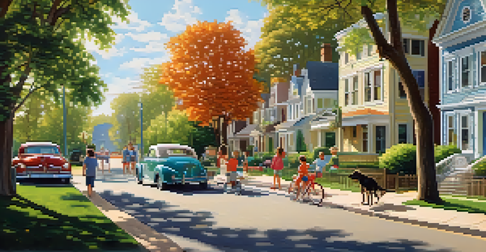 A sunny neighborhood with tree-lined streets, houses, a park, and families enjoying outdoor activities.