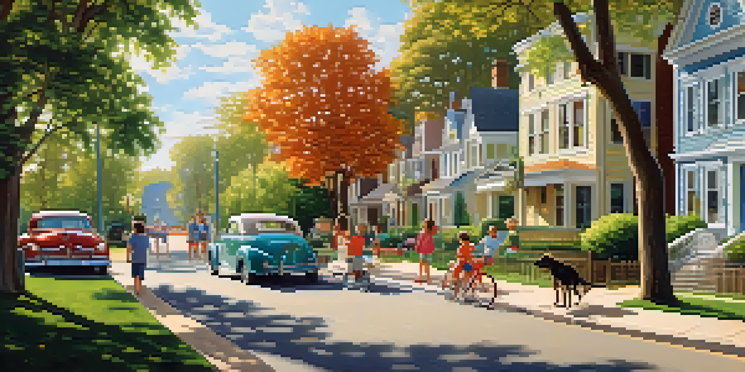 A sunny neighborhood with tree-lined streets, houses, a park, and families enjoying outdoor activities.