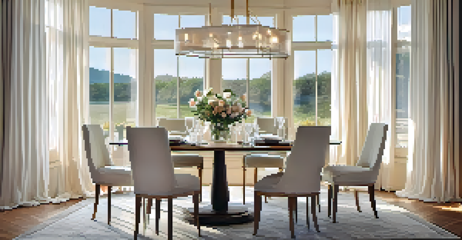 A dining area with a light wooden table, delicate glassware, and fresh flowers, illuminated by warm golden hour sunlight.