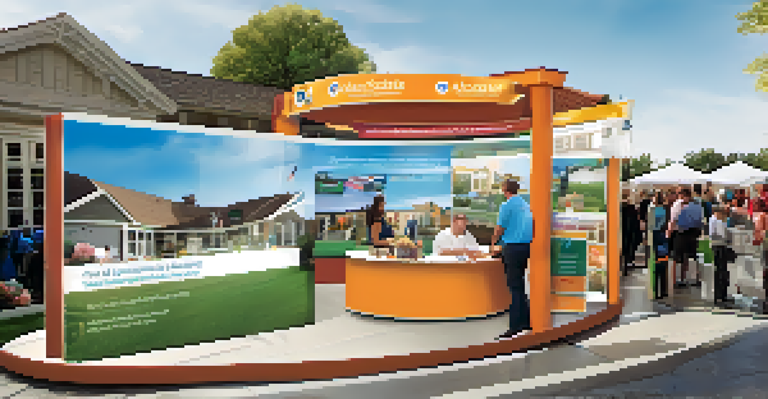 A well-designed real estate booth at a local event with interactive displays and a friendly staff member.