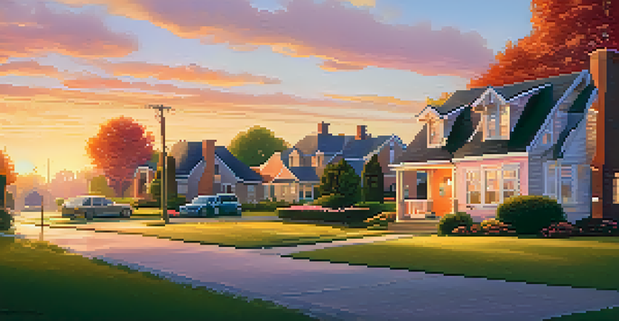 A suburban neighborhood at sunset with a charming house and a couple discussing property.