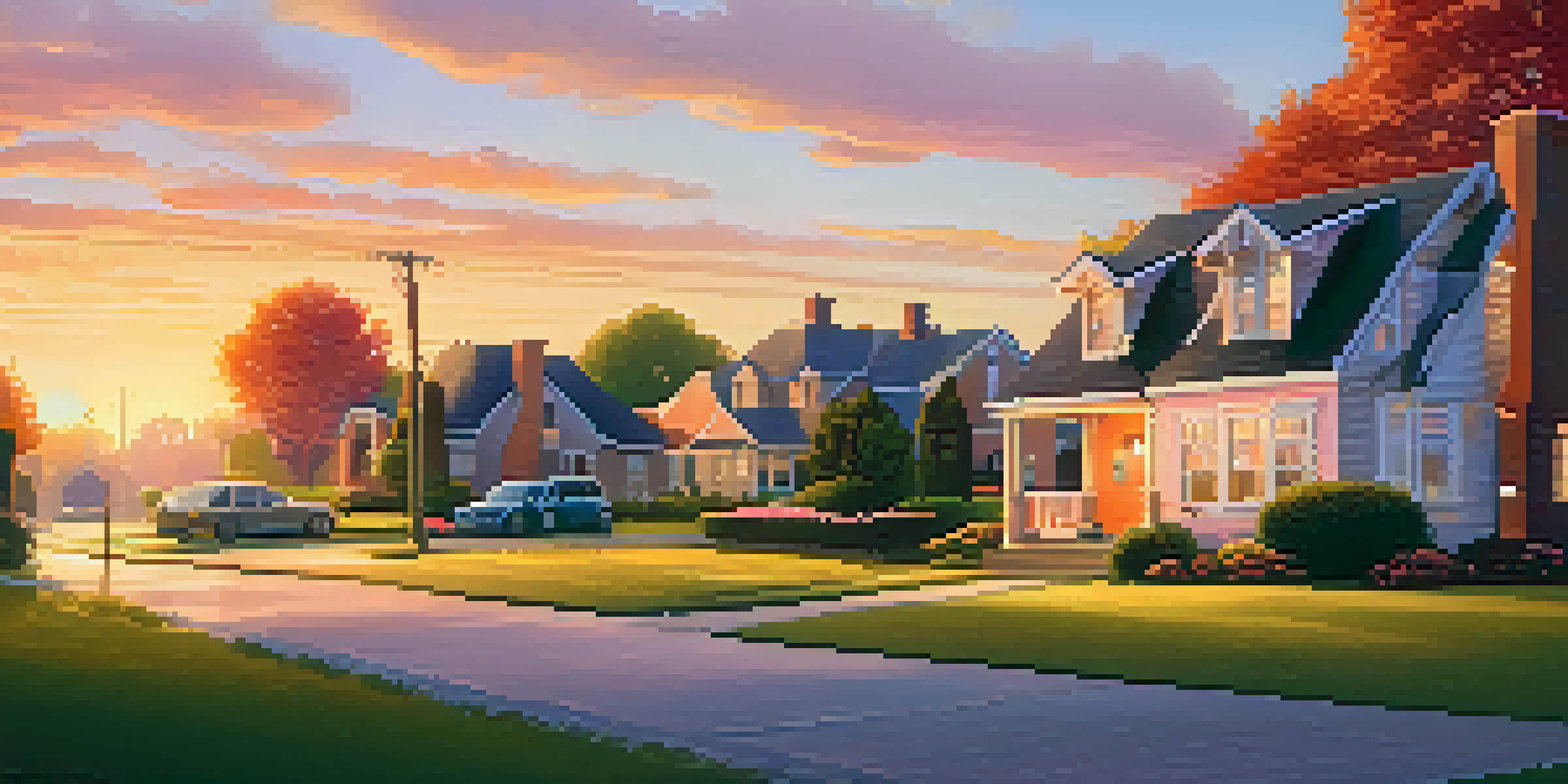 A suburban neighborhood at sunset with a charming house and a couple discussing property.