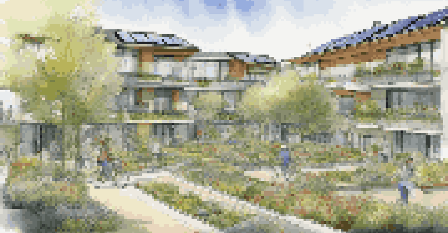 A modern eco-friendly apartment complex with solar panels, surrounded by greenery and community gardens.