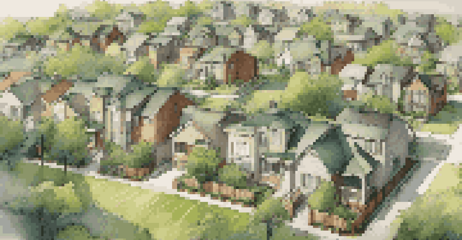 Aerial view of a neighborhood with several homes featuring green roofs, surrounded by urban environment.