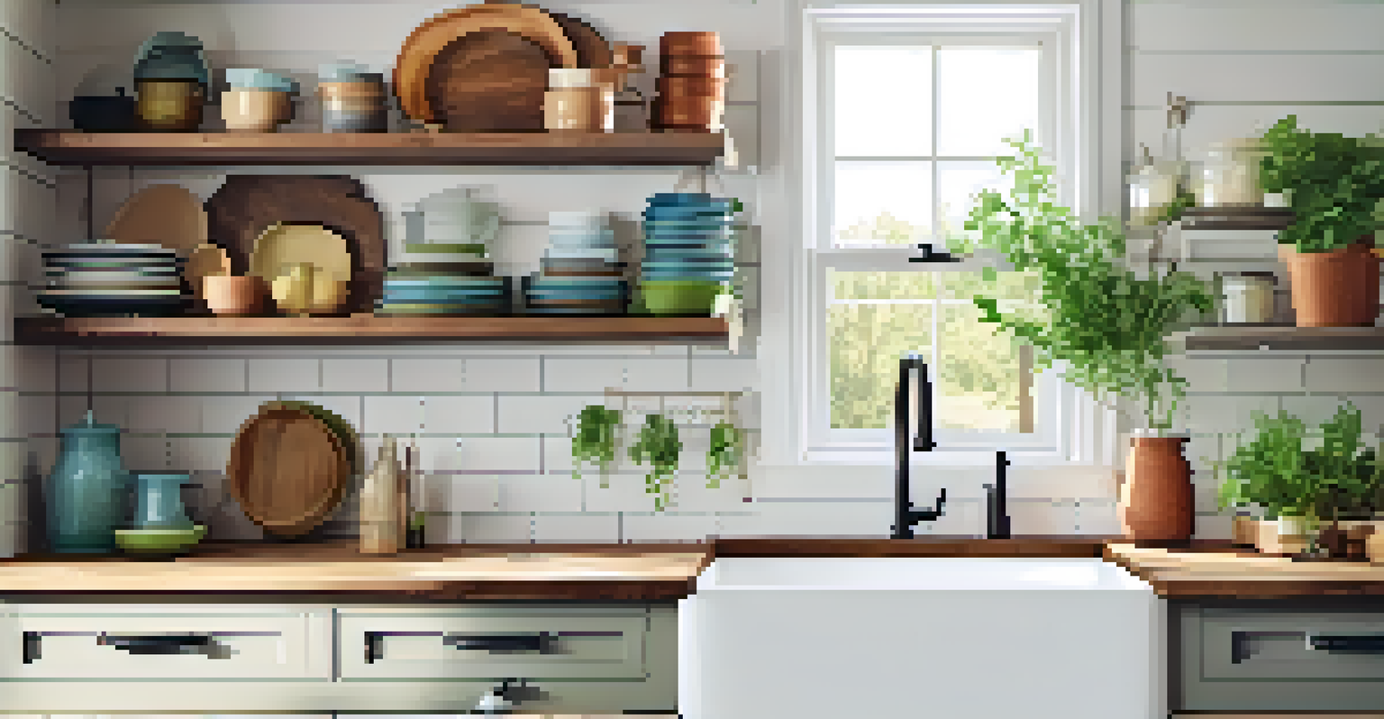 A bright modern farmhouse kitchen with open shelves displaying colorful dishware and mason jars, along with a large farmhouse sink and rustic wood cabinets, filled with natural light.