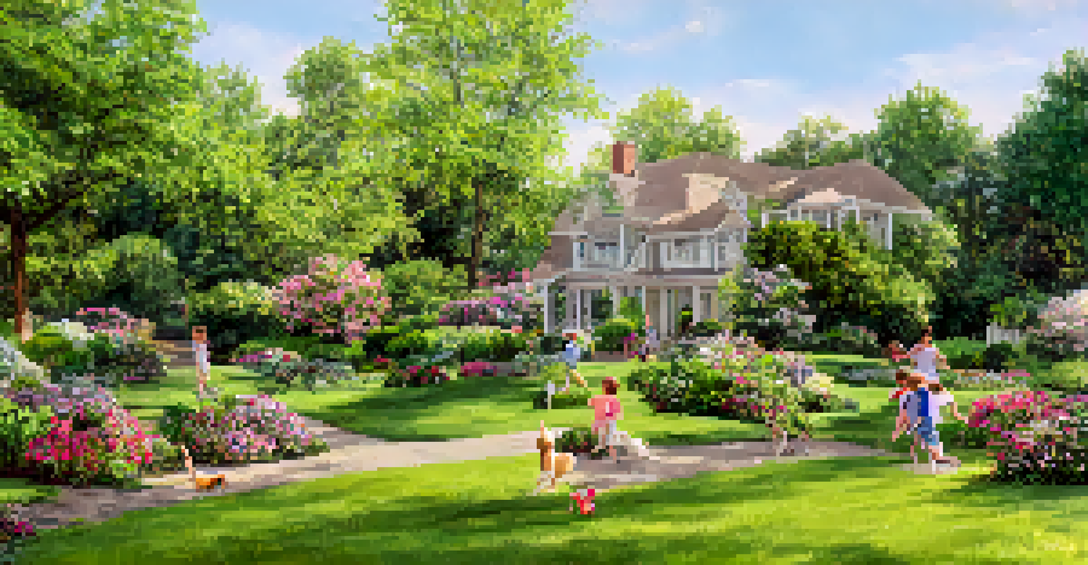 A peaceful suburban neighborhood with families playing in front of houses and blooming gardens.