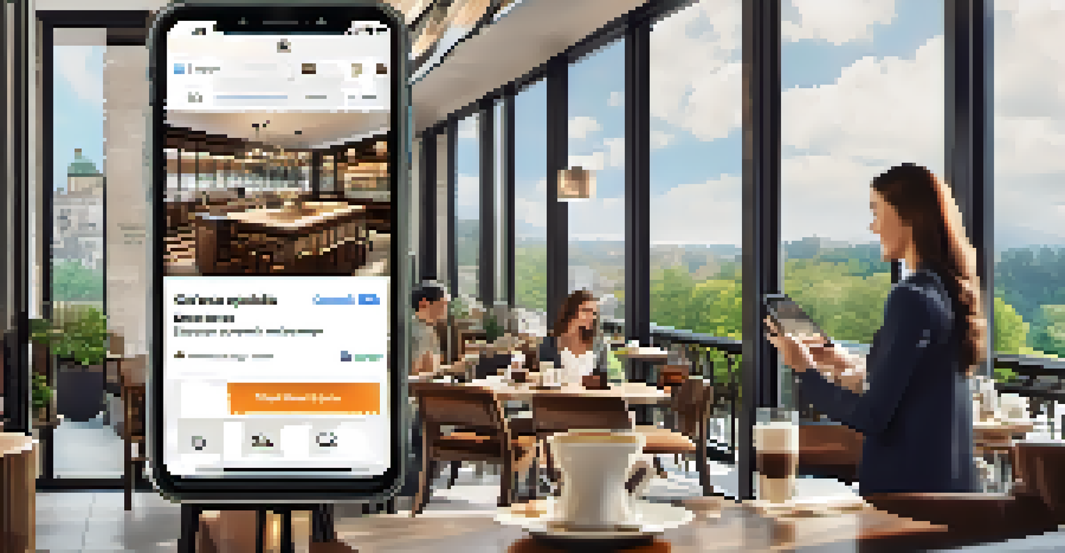 A smartphone screen displaying a luxury home advertisement, set in a trendy coffee shop with people using their devices.