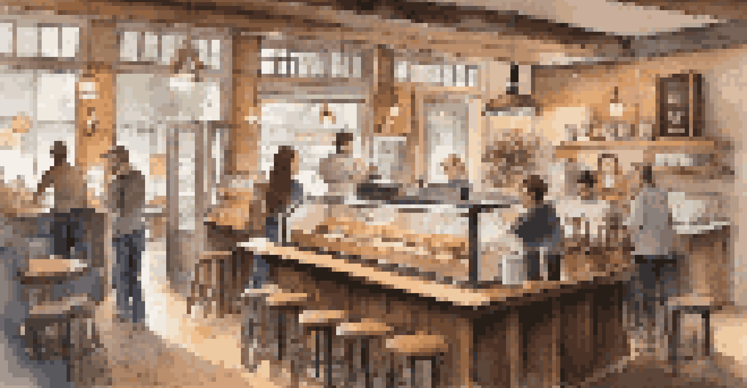 A warm and inviting coffee shop interior with patrons enjoying coffee, wooden furniture, and a barista preparing drinks.
