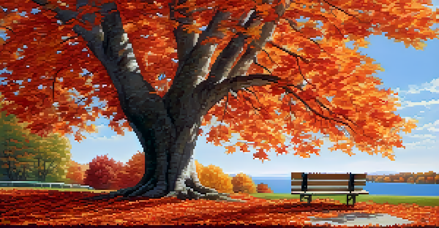 An autumn scene with a vibrant maple tree showcasing red and orange leaves against a blue sky, with a bench nestled among fallen leaves.