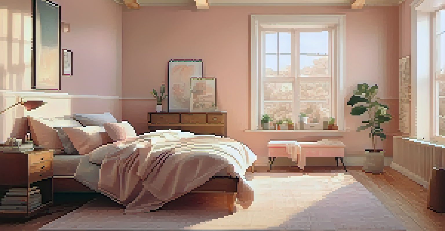 A gentle pastel-colored bedroom with blush pink walls and a cozy bed, illuminated by soft sunlight.
