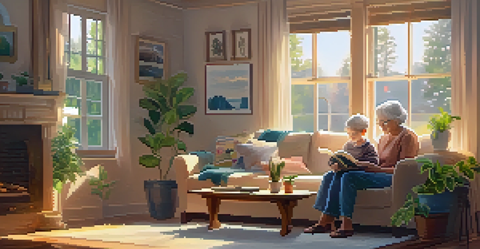 A grandmother and her grandchild sitting together on a sofa, reading a book in a warm and inviting living room filled with family photos and plants.