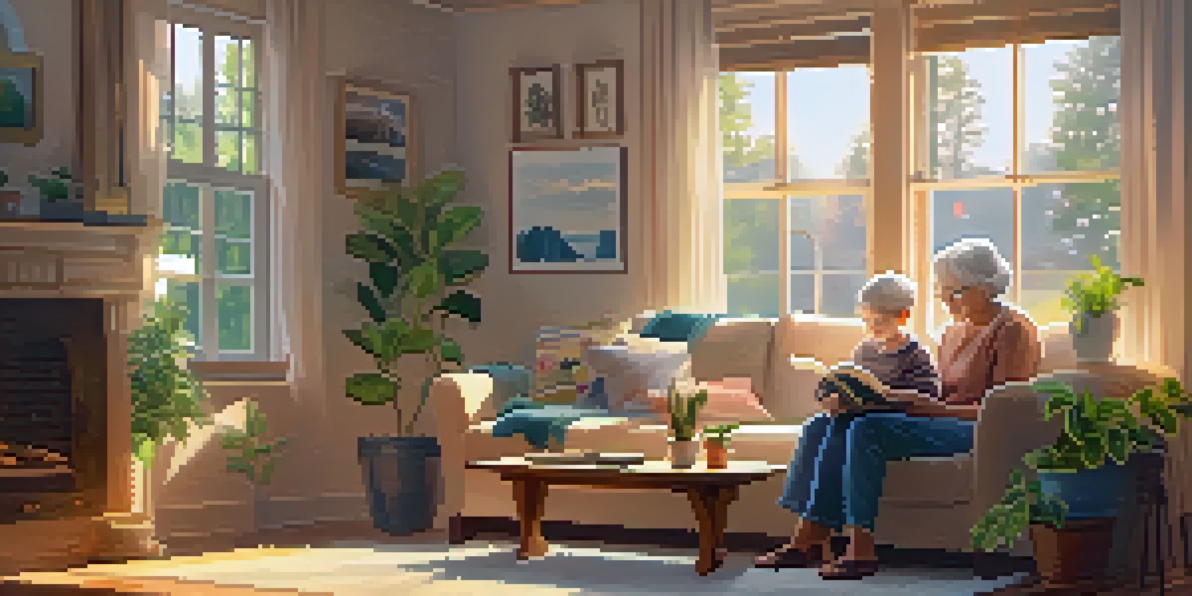 A grandmother and her grandchild sitting together on a sofa, reading a book in a warm and inviting living room filled with family photos and plants.