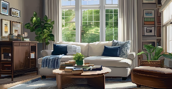 A warm and inviting living room with a sofa, coffee table, and natural light from a window.