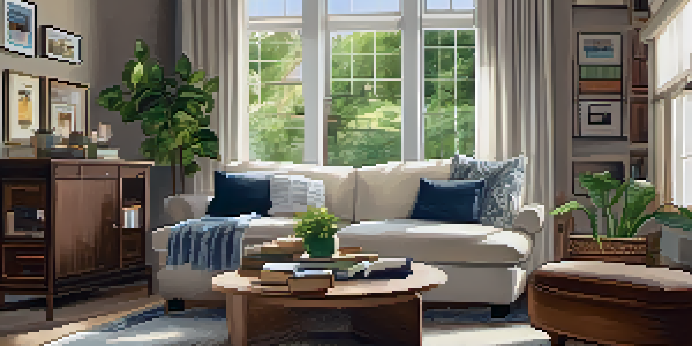 A warm and inviting living room with a sofa, coffee table, and natural light from a window.