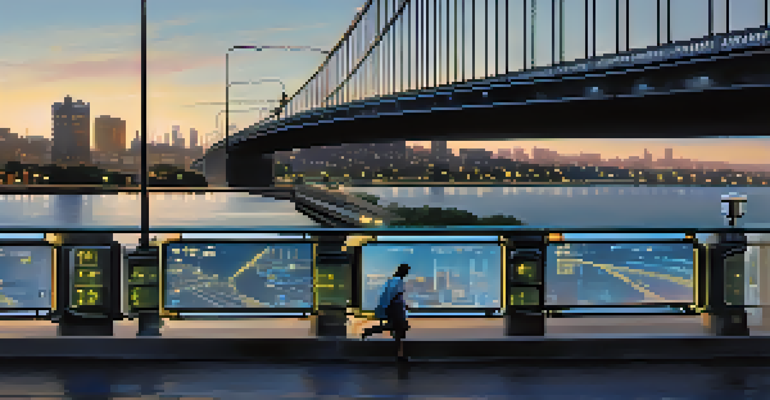 A detailed view of advanced sensors on a city bridge, showcasing technology that monitors urban infrastructure with people walking and cycling underneath.