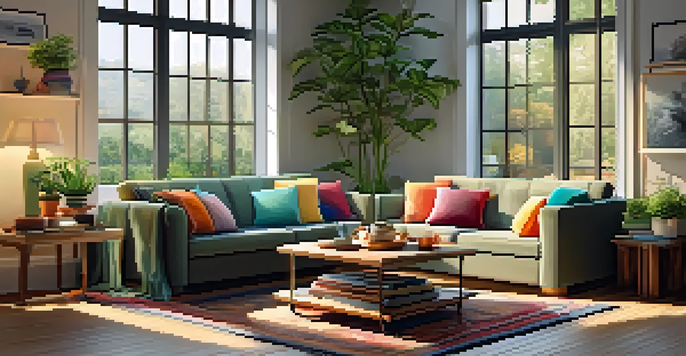 A cozy living room with large windows letting in warm light, a comfortable sofa with colorful cushions, a wooden coffee table, and potted plants.