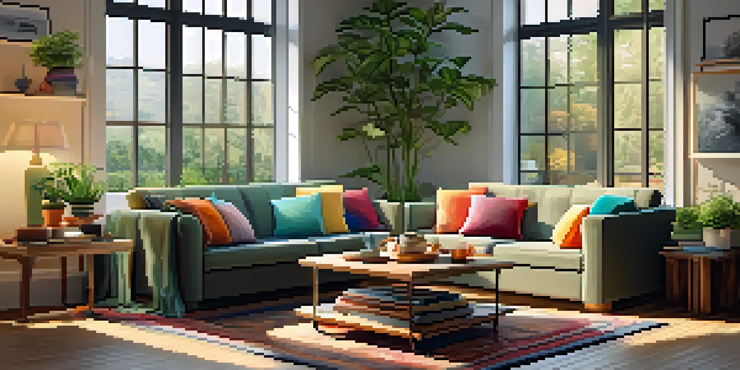 A cozy living room with large windows letting in warm light, a comfortable sofa with colorful cushions, a wooden coffee table, and potted plants.