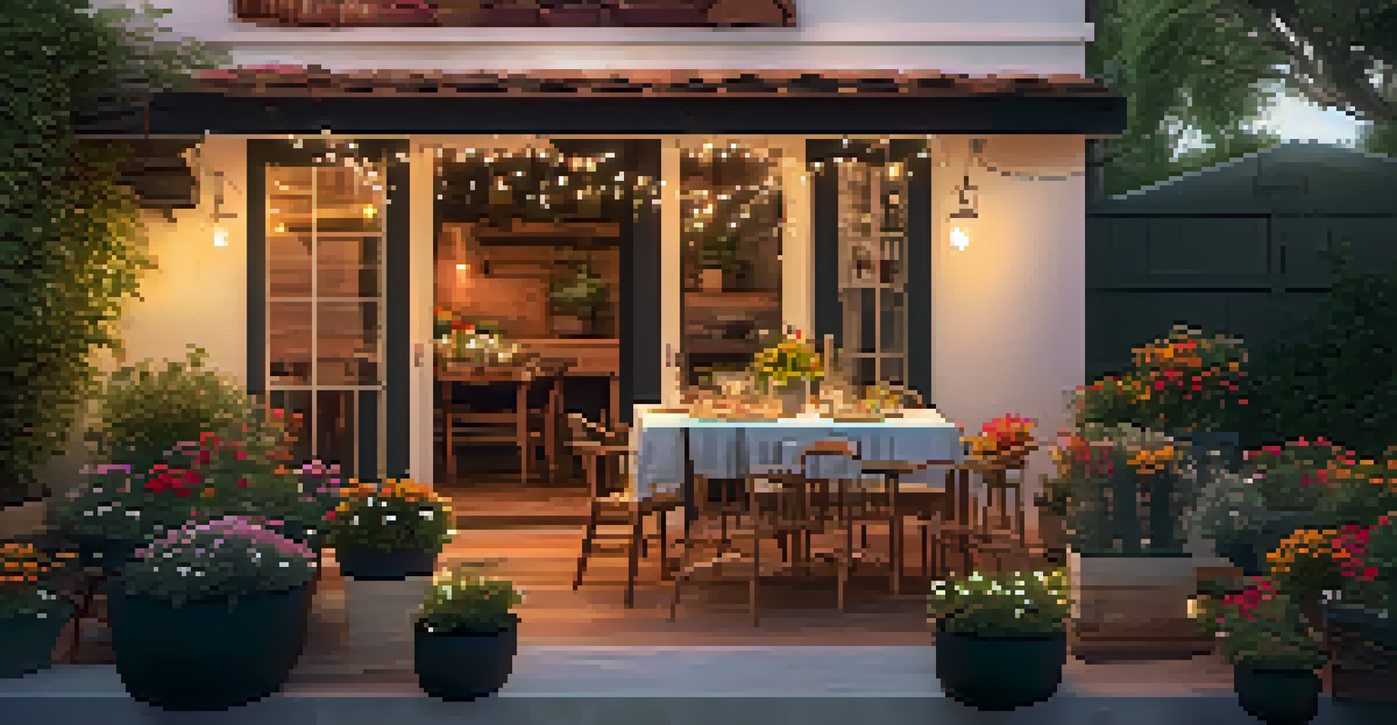 An outdoor patio at sunset with a dining table and twinkling string lights, surrounded by flowers and trees.