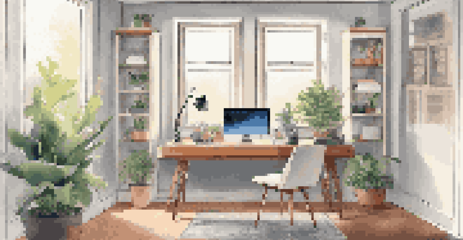 A modern home office with automated lighting and a smart plug, featuring a laptop and a smart speaker, filled with natural daylight.