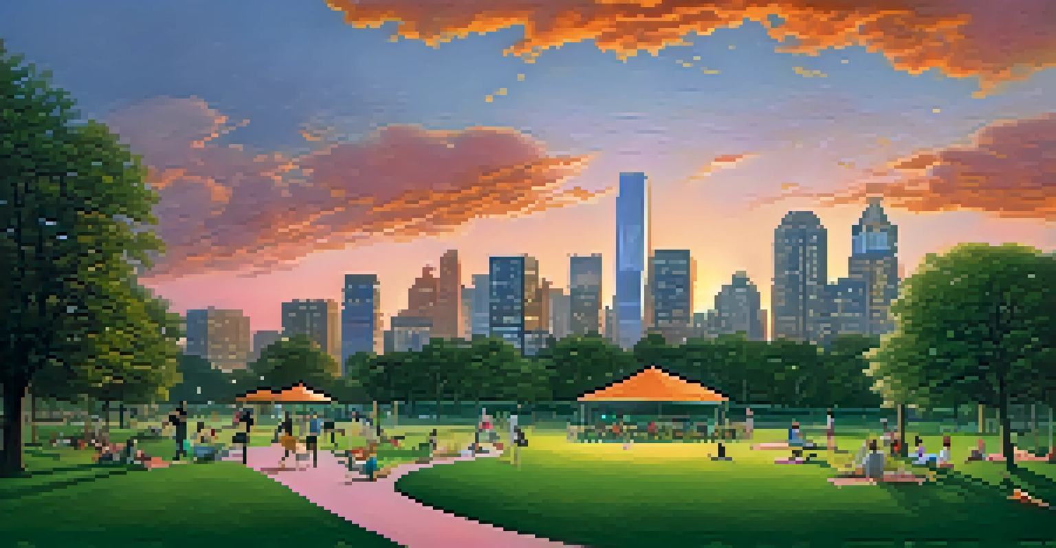 A modern city skyline at sunset with a green park in the foreground and people enjoying outdoor activities.