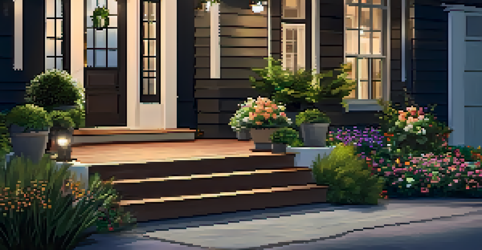 An inviting front entryway with upgraded wooden steps, well-lit by motion sensor lights, surrounded by lush plants and flowers.