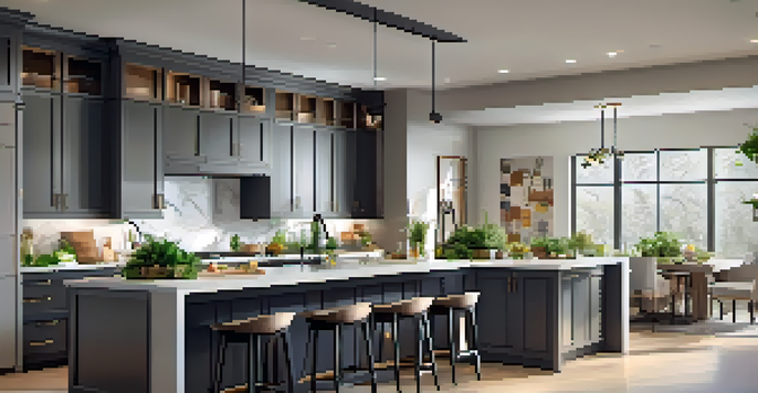 A modern kitchen with an open layout, featuring sleek cabinetry, a large island, and warm lighting, decorated with fresh herbs and stainless steel appliances.