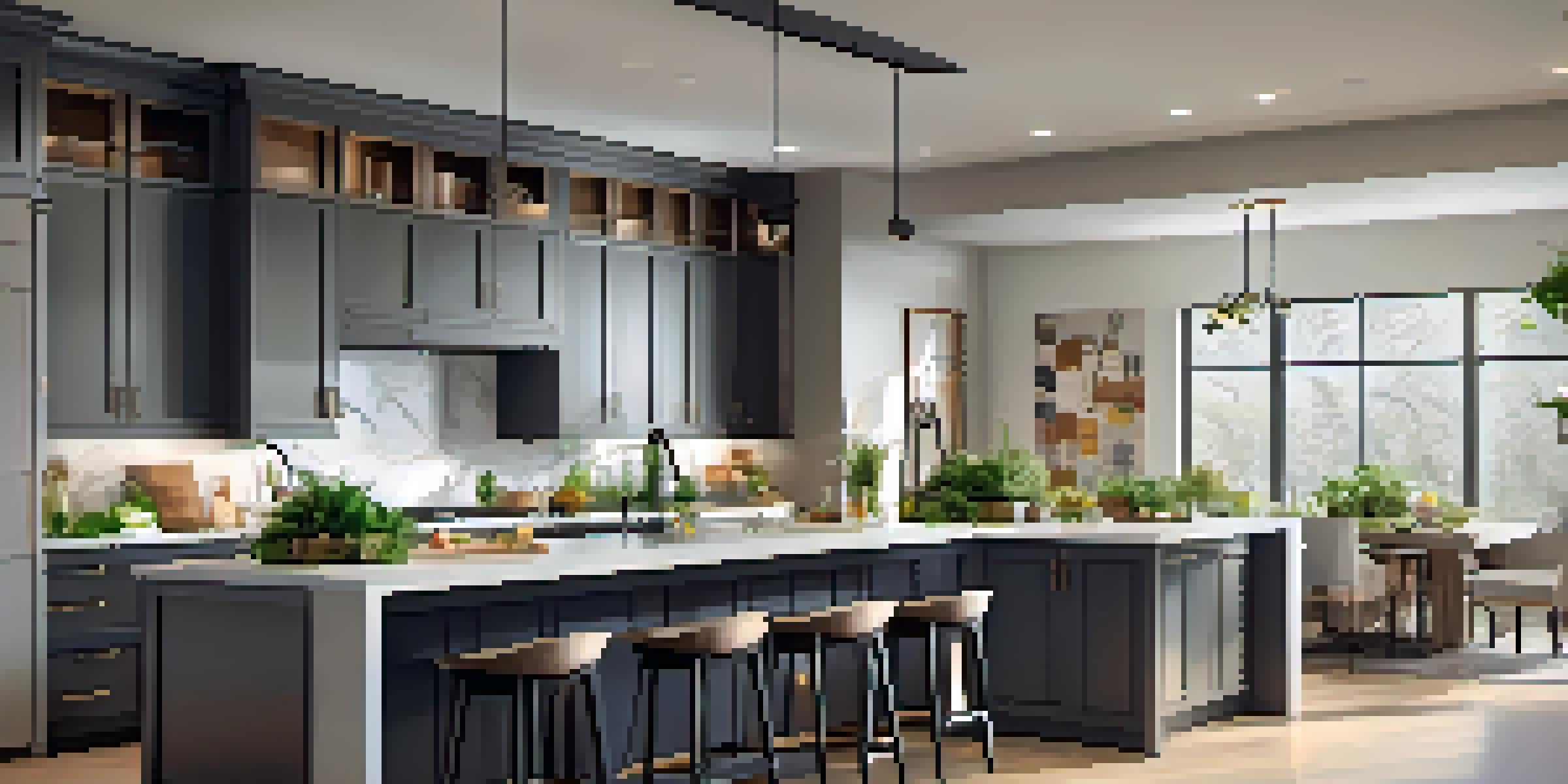 A modern kitchen with an open layout, featuring sleek cabinetry, a large island, and warm lighting, decorated with fresh herbs and stainless steel appliances.
