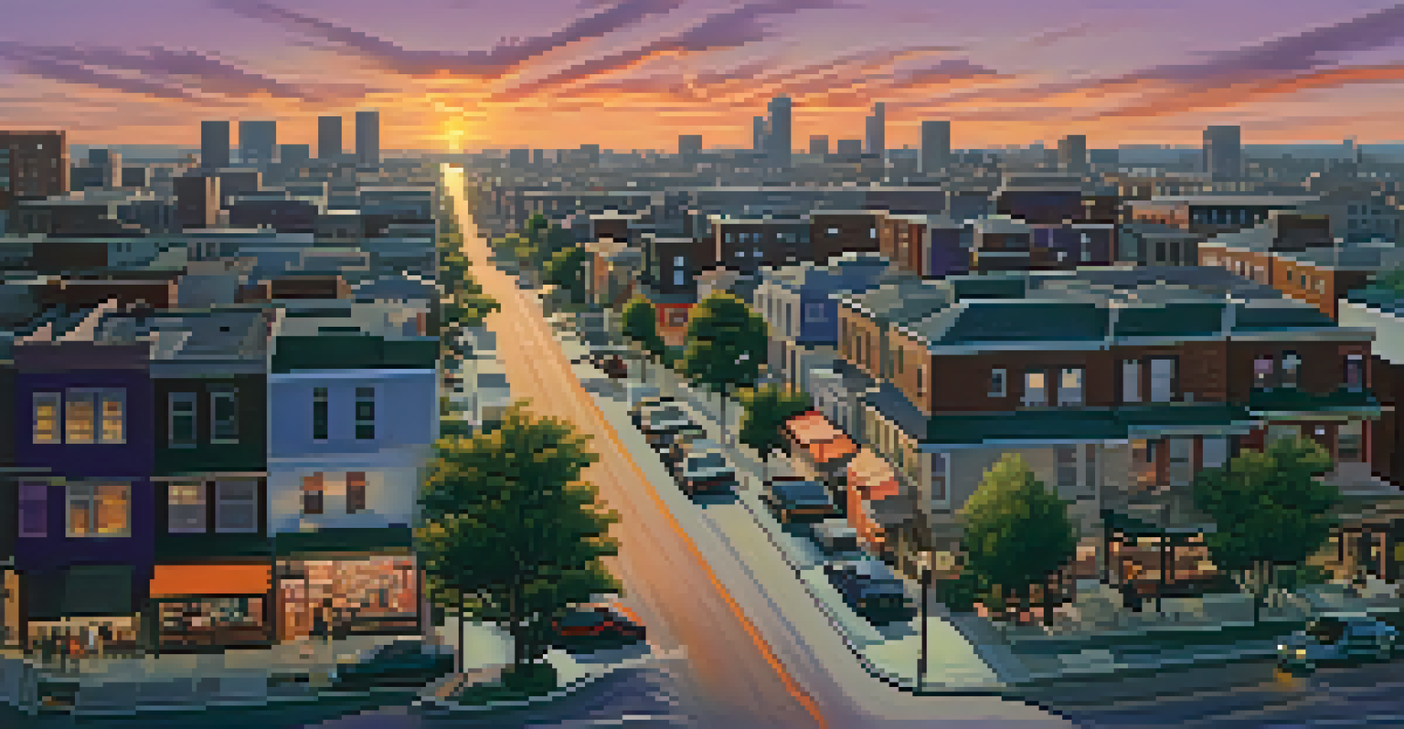 A vibrant aerial view of a city neighborhood at sunset, filled with people and colorful buildings.