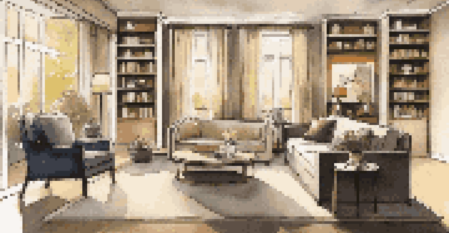 An elegant living room with LED recessed lighting and a floor lamp, featuring comfortable seating and backlit bookshelves.