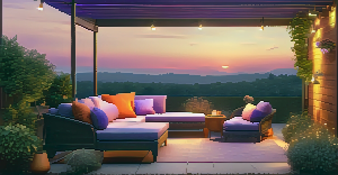 A modern outdoor living space with smart lighting, comfortable furniture, and lush greenery at sunset.
