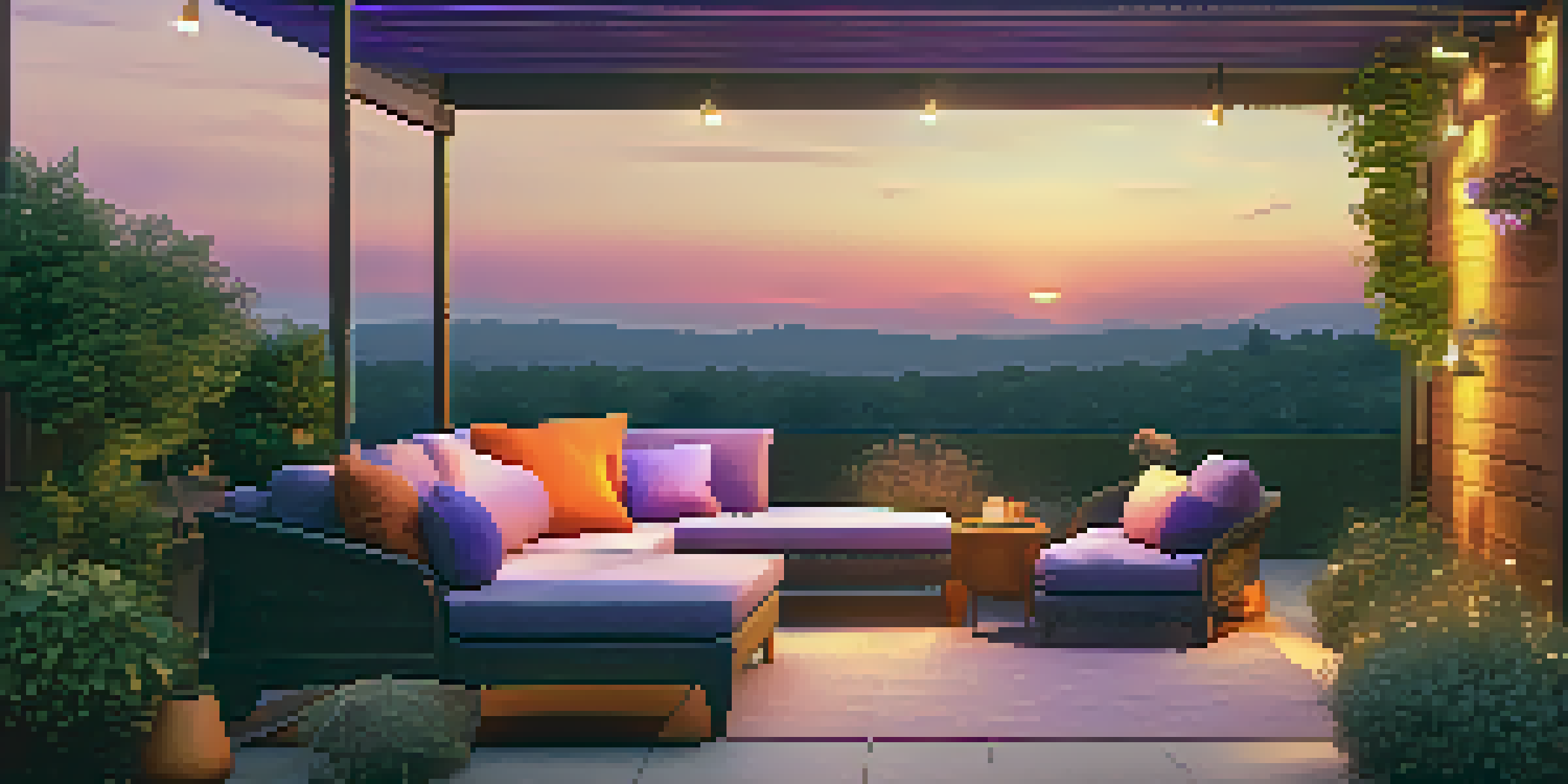 A modern outdoor living space with smart lighting, comfortable furniture, and lush greenery at sunset.