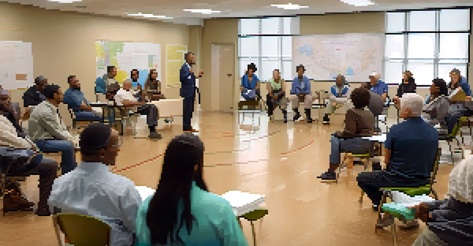 Residents attending a community meeting focused on disaster recovery plans, sitting in a circle with a whiteboard in the background.