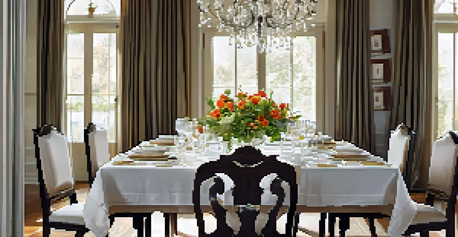 An elegantly set dining table with fine china, glassware, and a centerpiece of seasonal flowers.