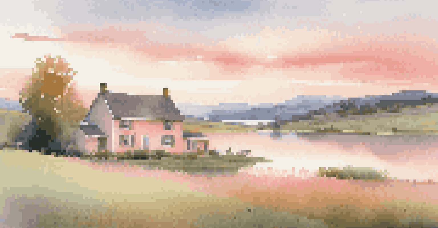 A peaceful rural landscape with a farmhouse and a lake at sunset.