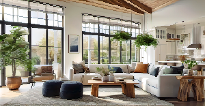 A bright and airy open concept living space with a modern sofa, dining table, and kitchen, filled with natural light.