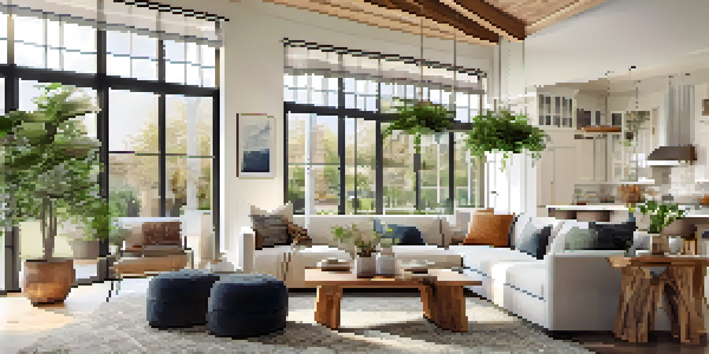 A bright and airy open concept living space with a modern sofa, dining table, and kitchen, filled with natural light.