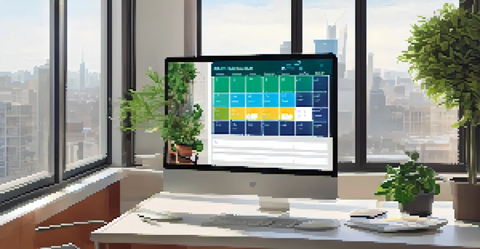 A property manager working at a desk with a laptop, surrounded by plants and a calendar, with a city skyline visible through the windows.