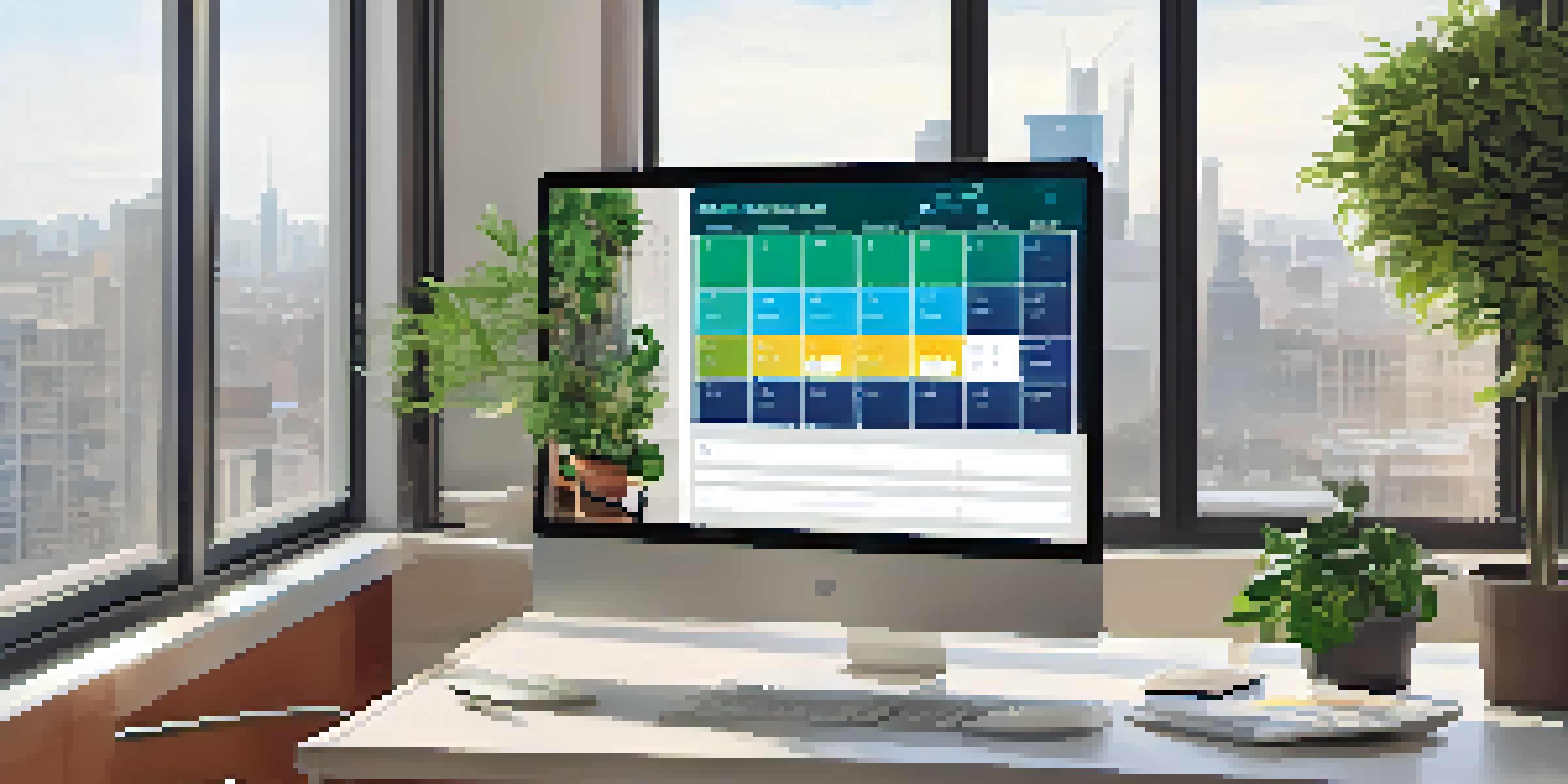 A property manager working at a desk with a laptop, surrounded by plants and a calendar, with a city skyline visible through the windows.