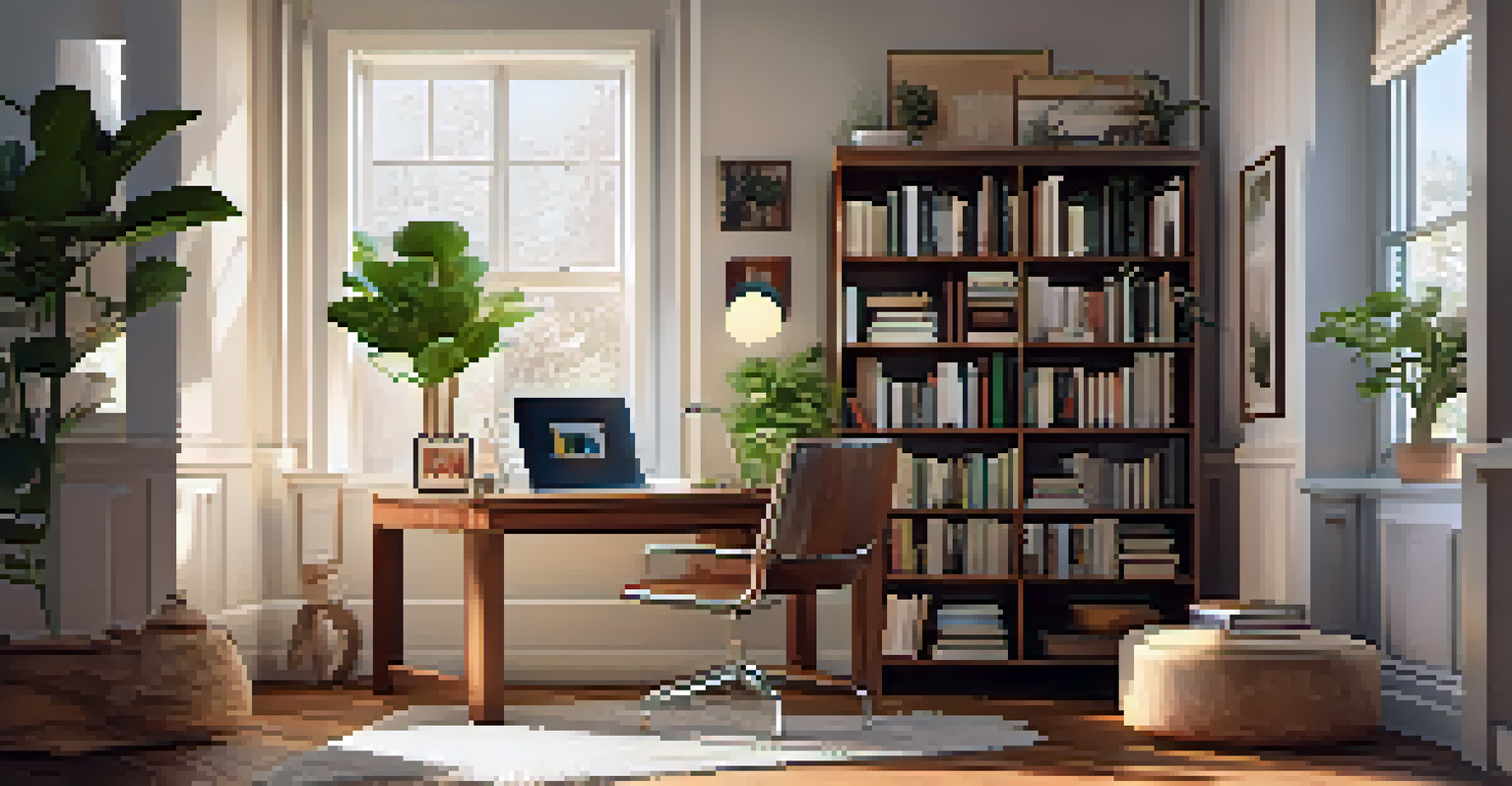 A warm and inviting home office with a desk, laptop, and plants, illuminated by natural light.