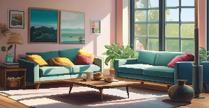A bright and cozy living room with a comfortable sofa and wooden coffee table, illuminated by warm sunlight coming through a large window.