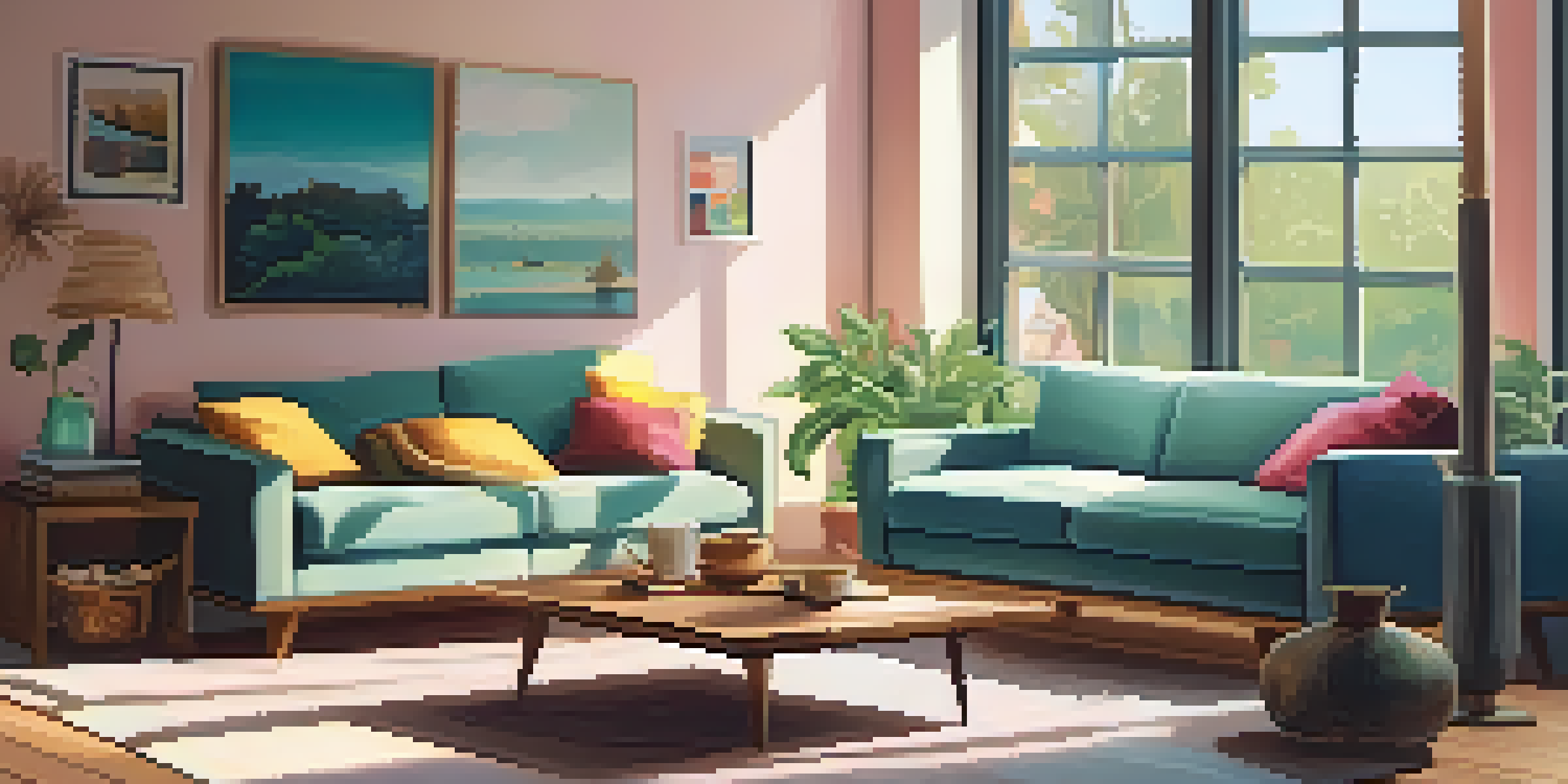 A bright and cozy living room with a comfortable sofa and wooden coffee table, illuminated by warm sunlight coming through a large window.