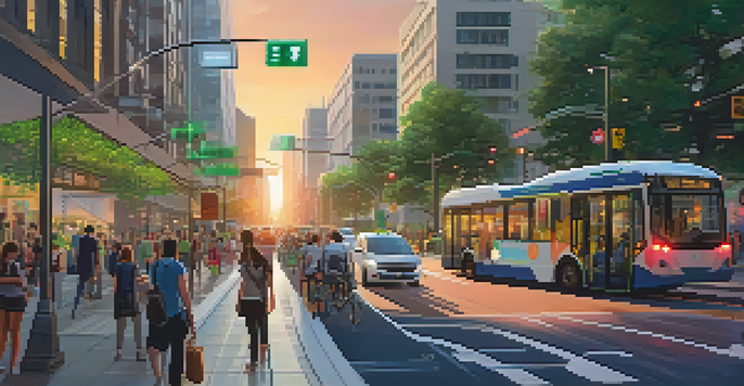 An urban street filled with electric buses, bike lanes, and pedestrians, demonstrating smart city technology at sunset.