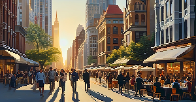 A lively urban street with diverse architecture and people from various cultures enjoying the scene.