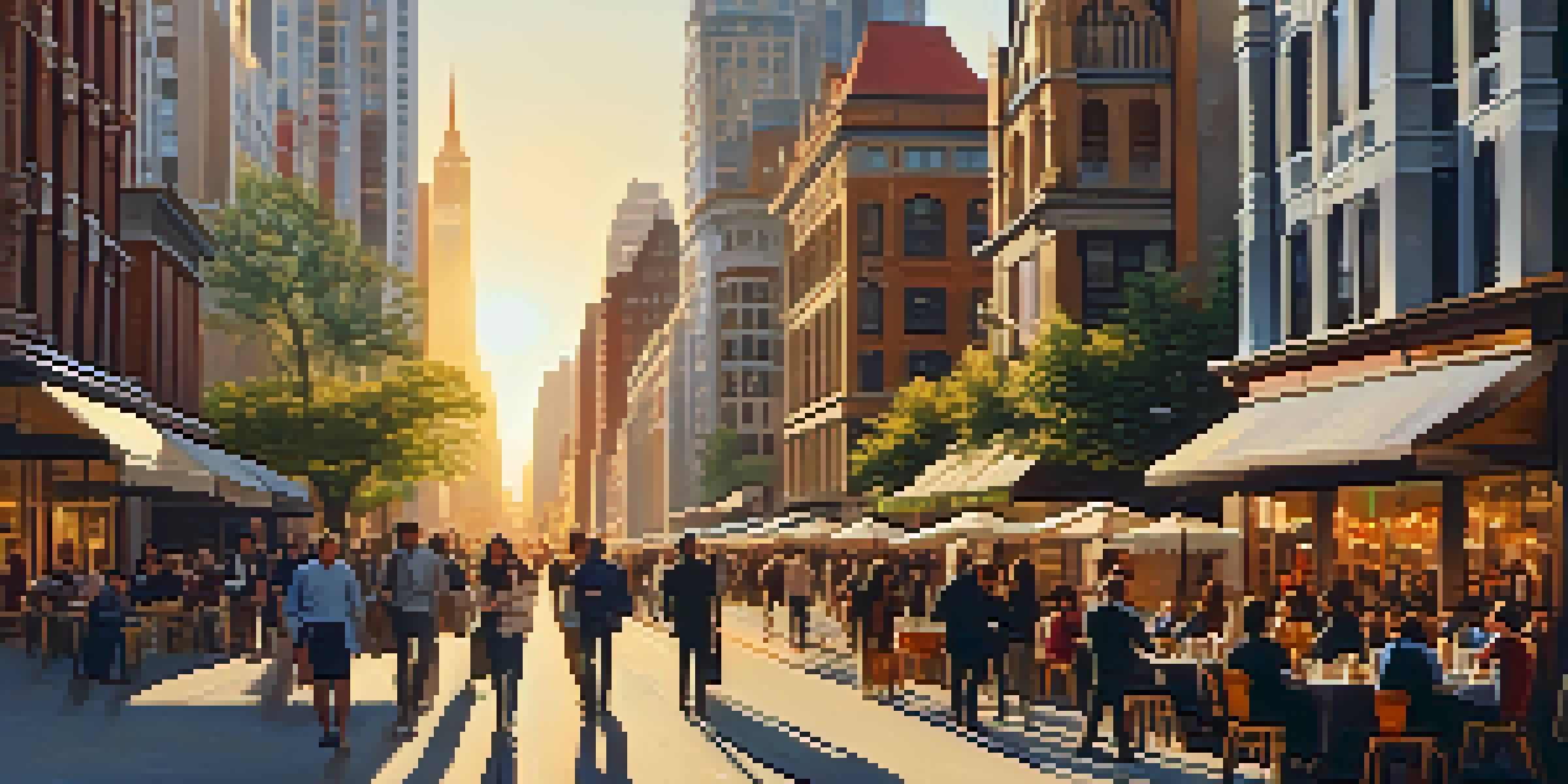 A lively urban street with diverse architecture and people from various cultures enjoying the scene.