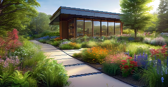 A rain garden filled with colorful native plants and flowers, with sunlight filtering through leaves and a stream of rainwater flowing.