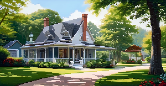 A picturesque rental property set in a vibrant garden with sunlight filtering through trees.