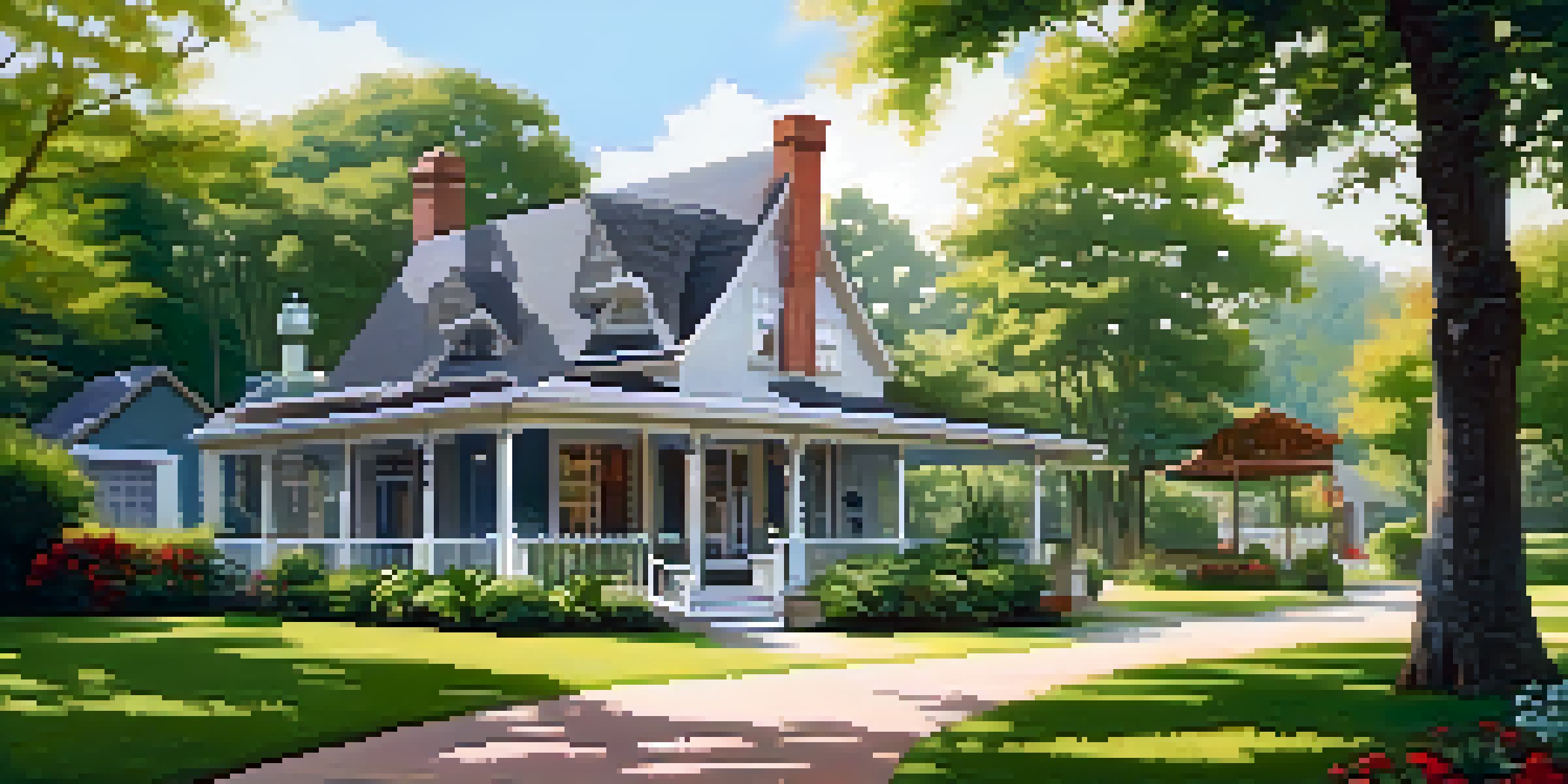 A picturesque rental property set in a vibrant garden with sunlight filtering through trees.