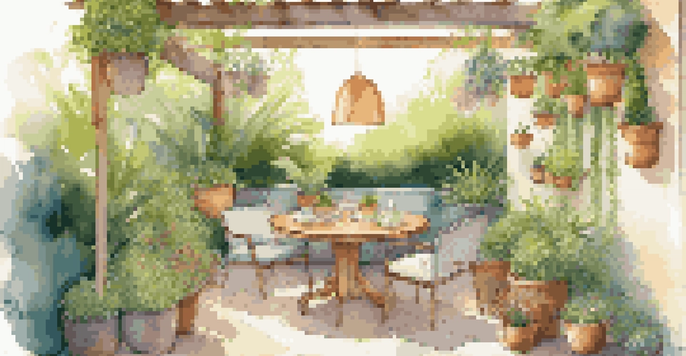 A peaceful outdoor patio with a vertical garden, potted plants, a wooden table set for tea, and a water fountain, all illuminated by soft sunlight.