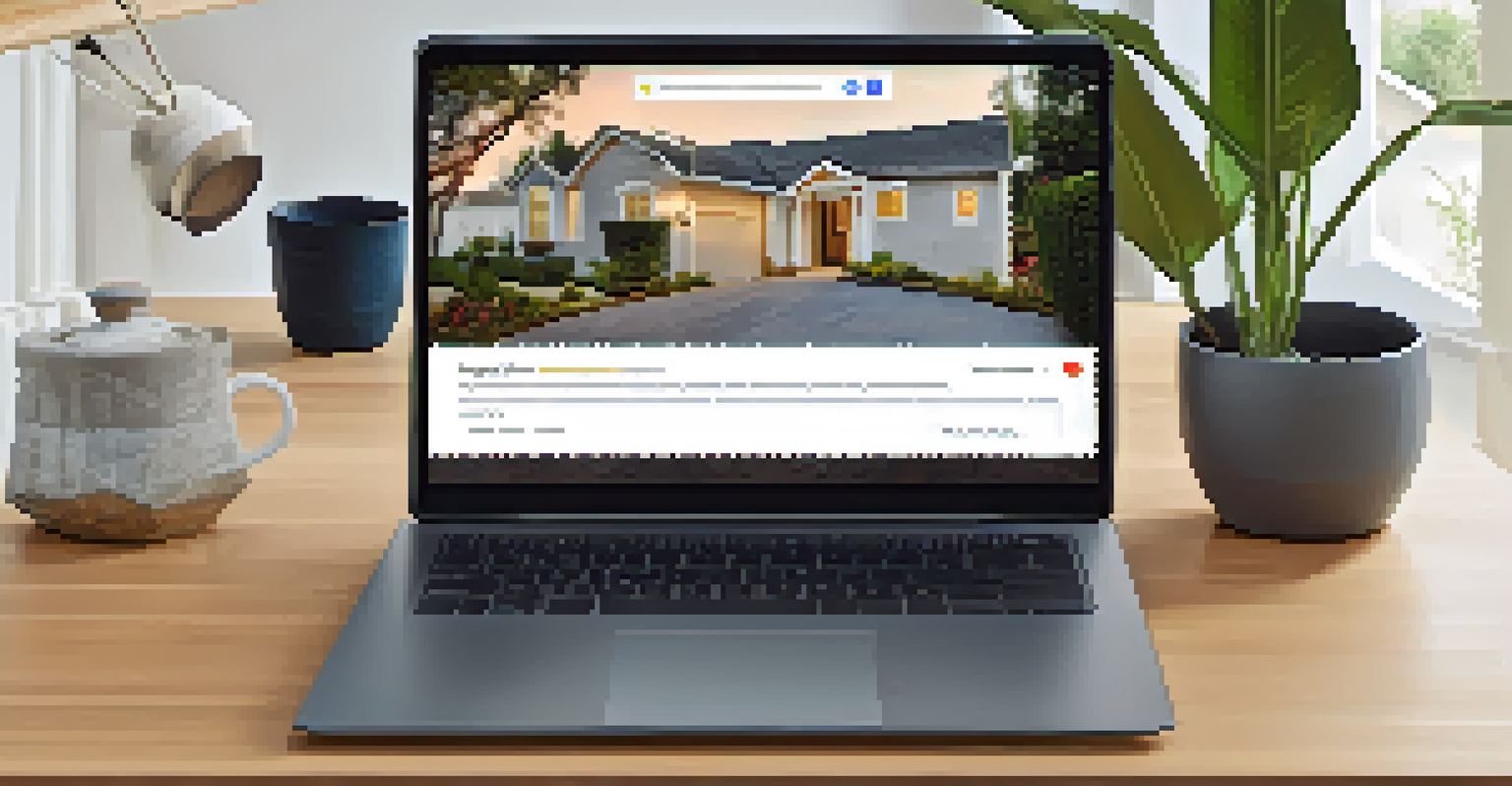 A laptop displaying a Google My Business listing with images of a home, set in a cozy home office environment.