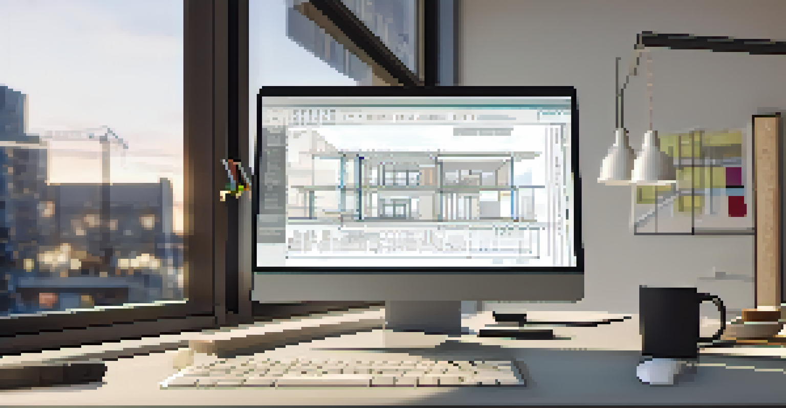 A computer screen showing a 3D model of a construction project using BIM software, with tools and a notepad on the desk.